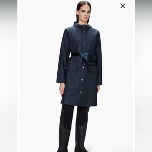Pre-owned Rains Navy Waterproof Curve Rain Jacket- Flawed and missing belt